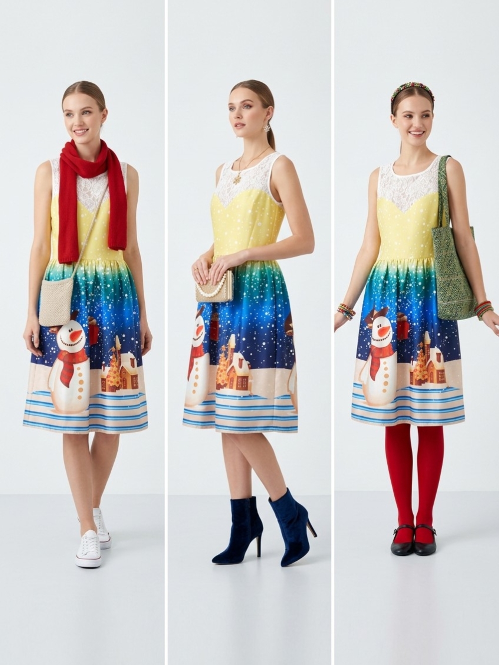 Rosegal Yellow to Blue Snowman Print Sleeveless Fit-and-Flare Dress